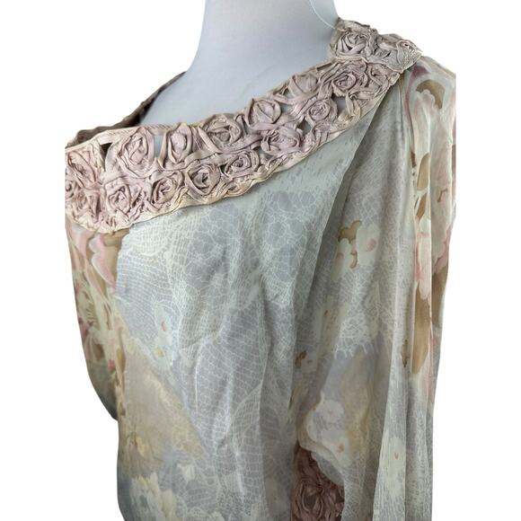 Emamo Silk Floral Sheer Tunic Blouse M Coquette Cottage Romantic Peasant Boho - Picture 14 of 16